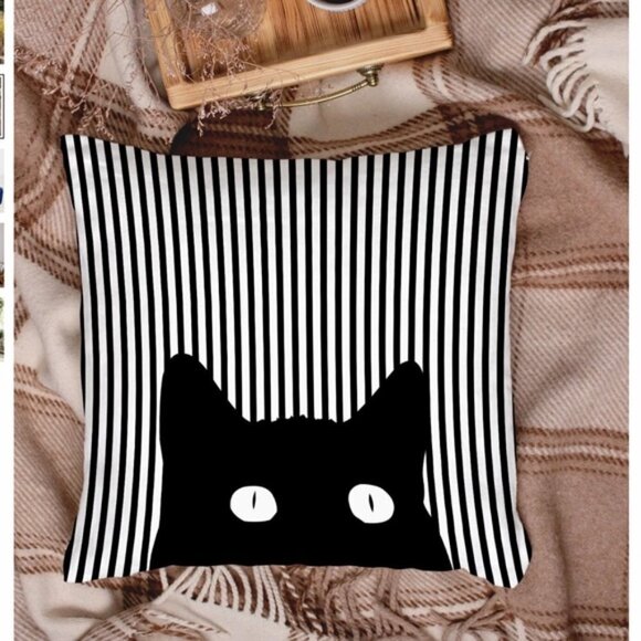 Cat Theme Pillow Cover Zippered Decorative Square Black White 17.7 in X 17.7 in - Picture 6 of 15
